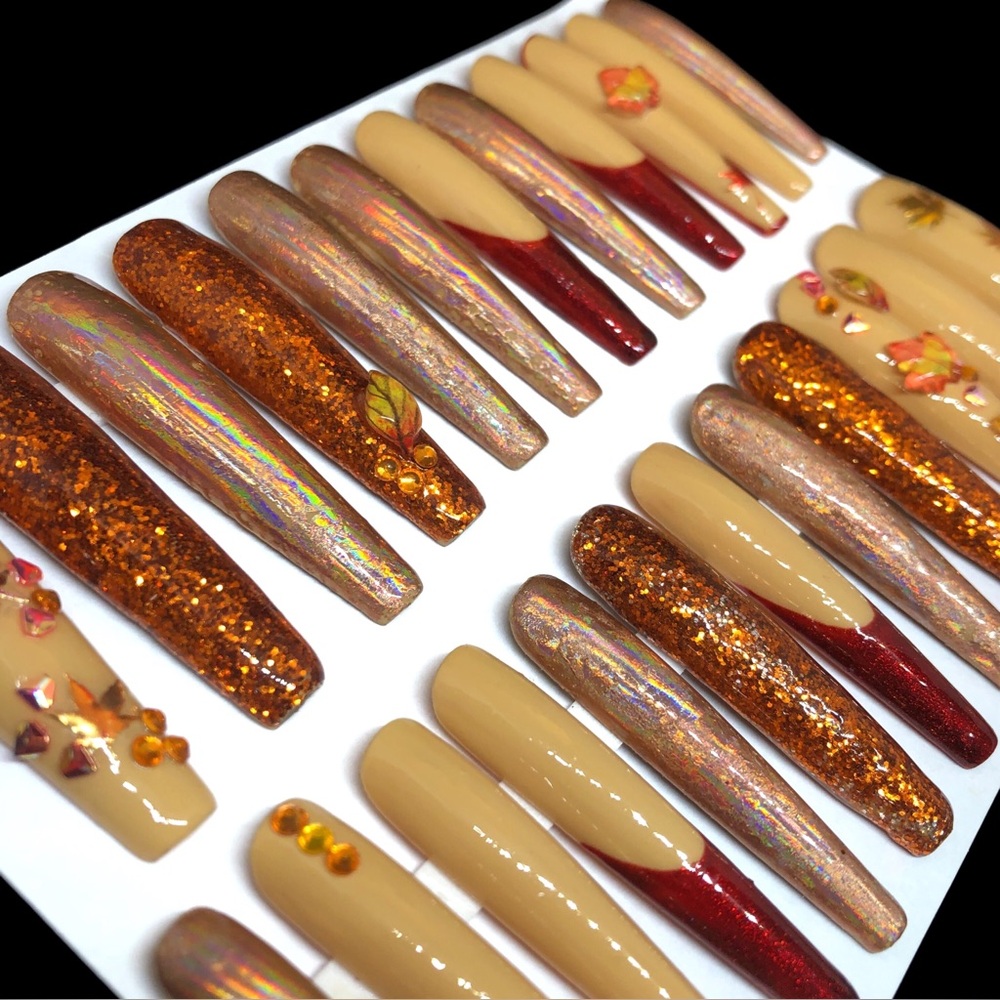 Handmade Custom Press On Nails 2XLong Coffin Leaves Holograms Glitter Bling